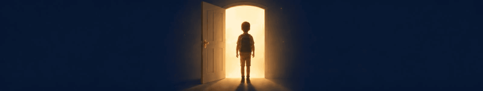 Child standing before a glowing doorway